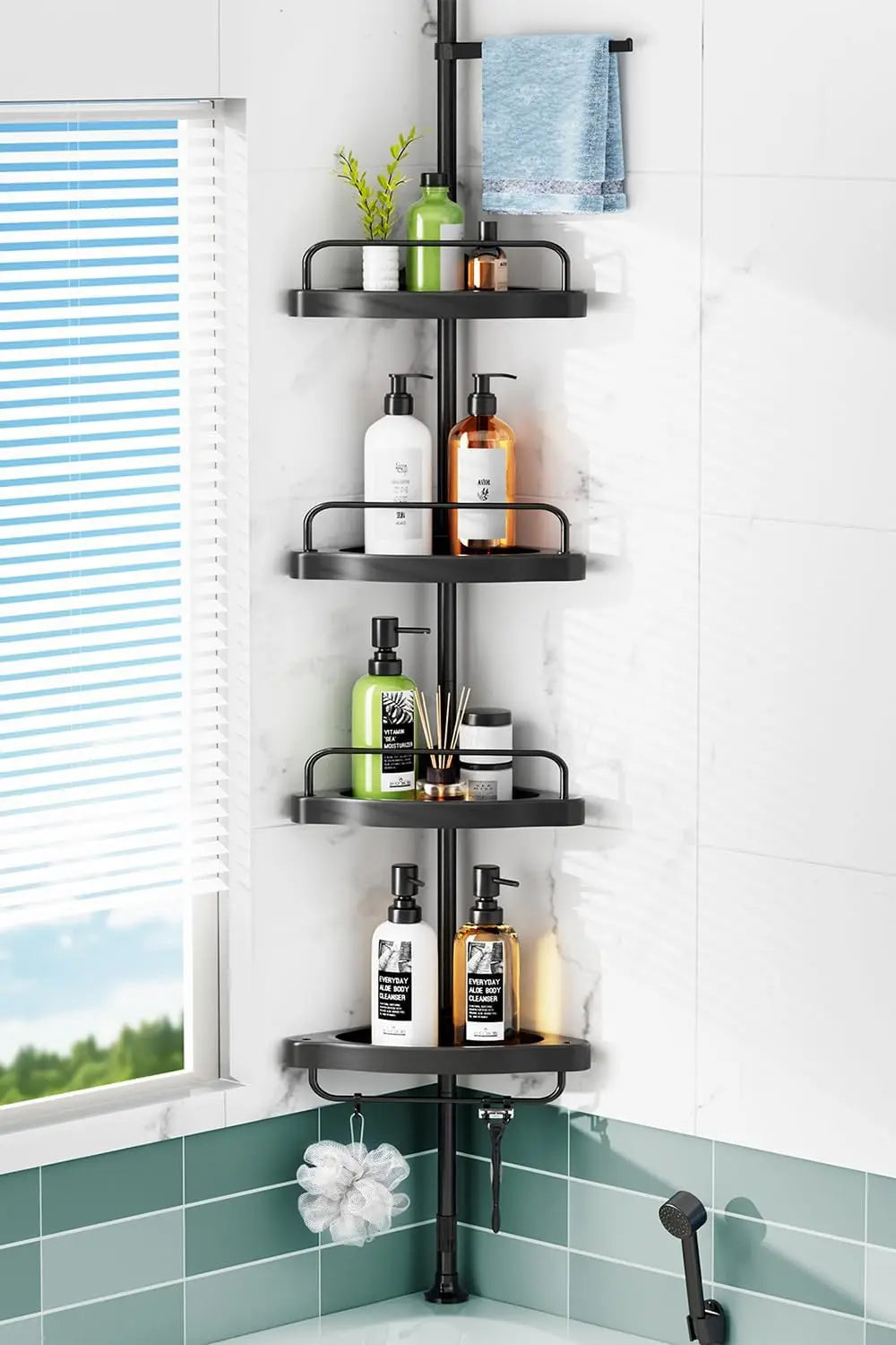 Corner Shower Caddy Tension Pole: Rust Proof 4Tier Shampoo Storage Organizer for Inside Shower - Telescoping Rod Shower Rack for