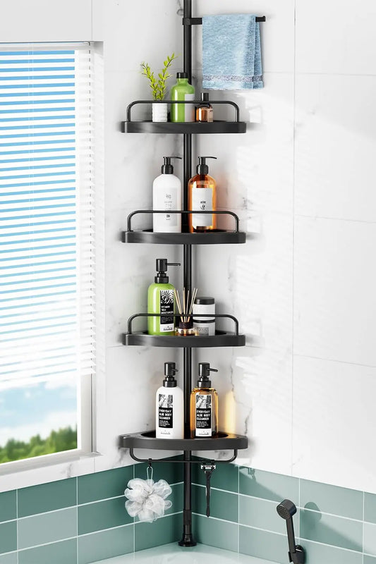 Corner Shower Caddy Tension Pole: Rust Proof 4Tier Shampoo Storage Organizer for Inside Shower - Telescoping Rod Shower Rack for