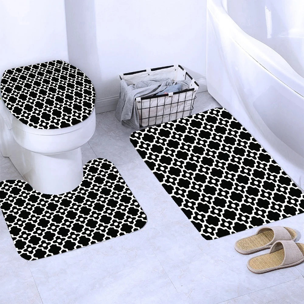 Gray Geometric Pattern Shower Curtain Sets Black and white Striped Toilet Lid Cover Bath Mat Non-Slip Rugs Modern Bathroom Decor