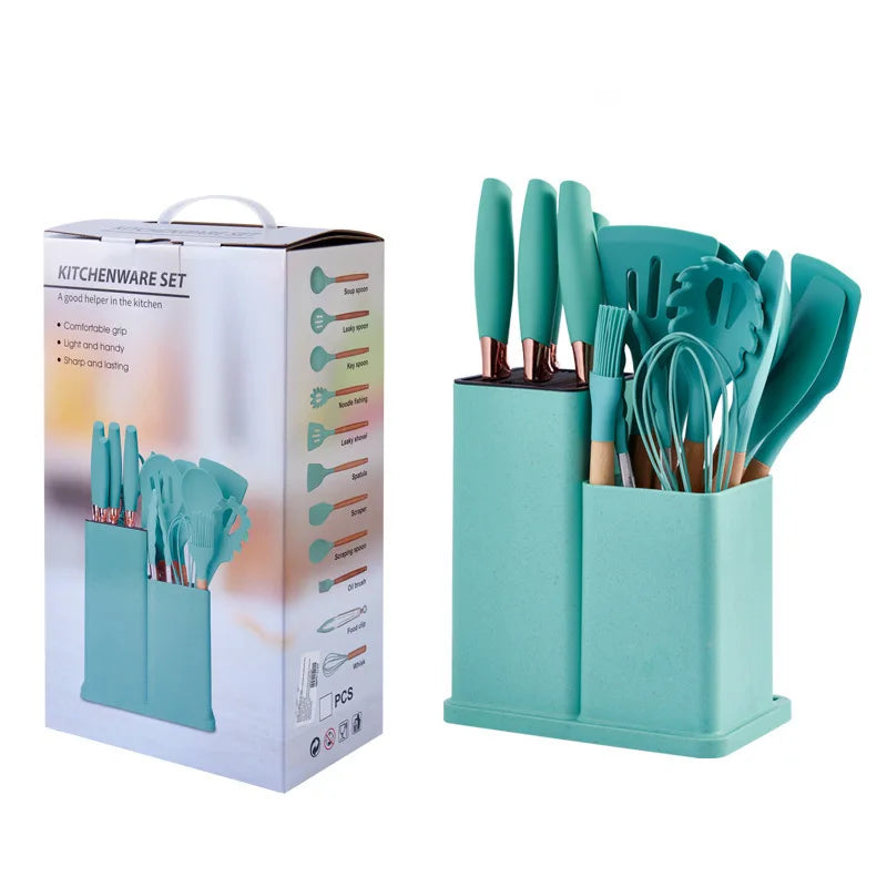 Kitchen Items Silicone 19-piece Storage Bucket Wooden Handle Kitchenware Set Kitchen Utensils Kitchen Knife Set Colorful Knives