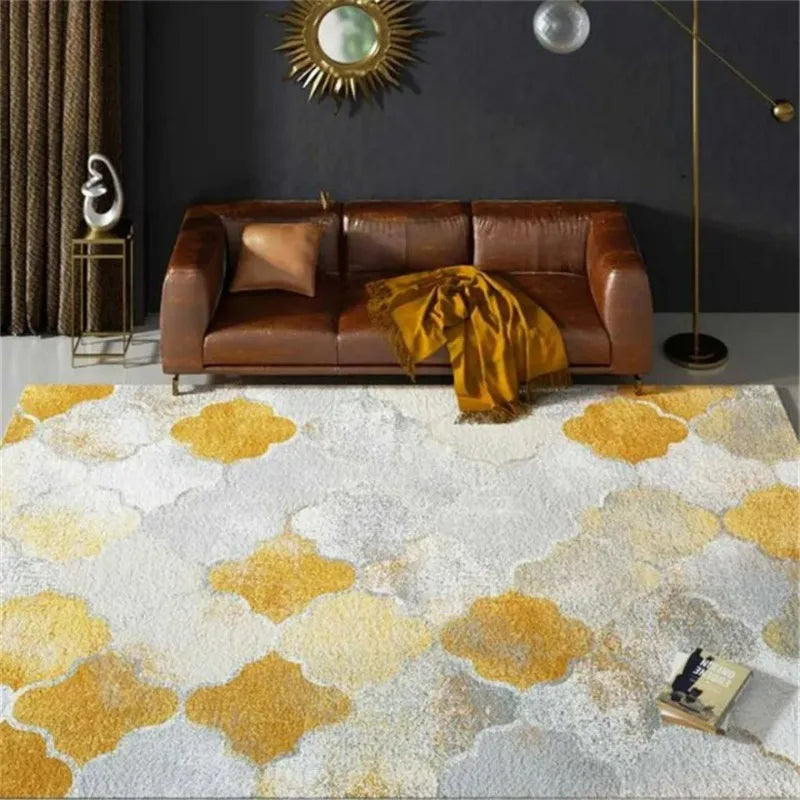 Yellow White Gray Flower Rug Geometric Modern Style Rug and Rug Next To Nordic Cushions In Living Room Next To Sofa