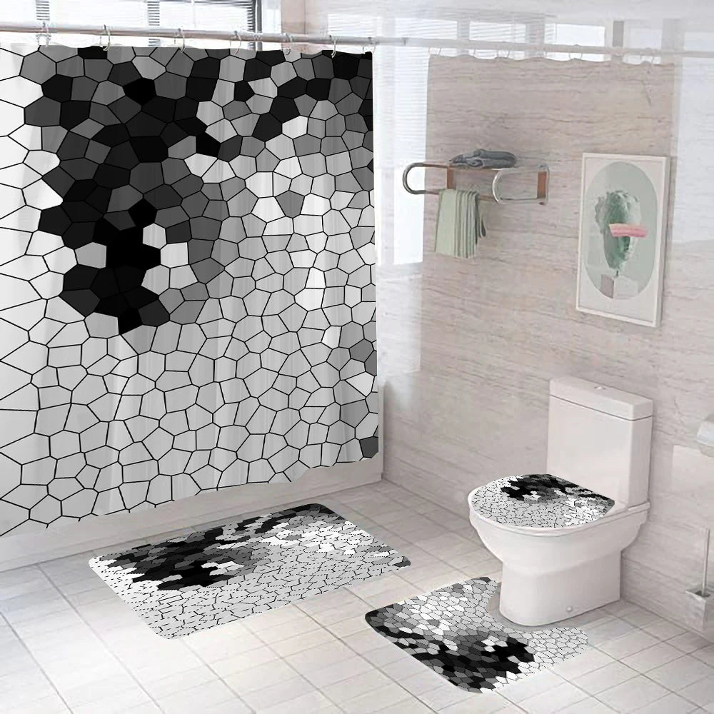 Gray Geometric Pattern Shower Curtain Sets Black and white Striped Toilet Lid Cover Bath Mat Non-Slip Rugs Modern Bathroom Decor