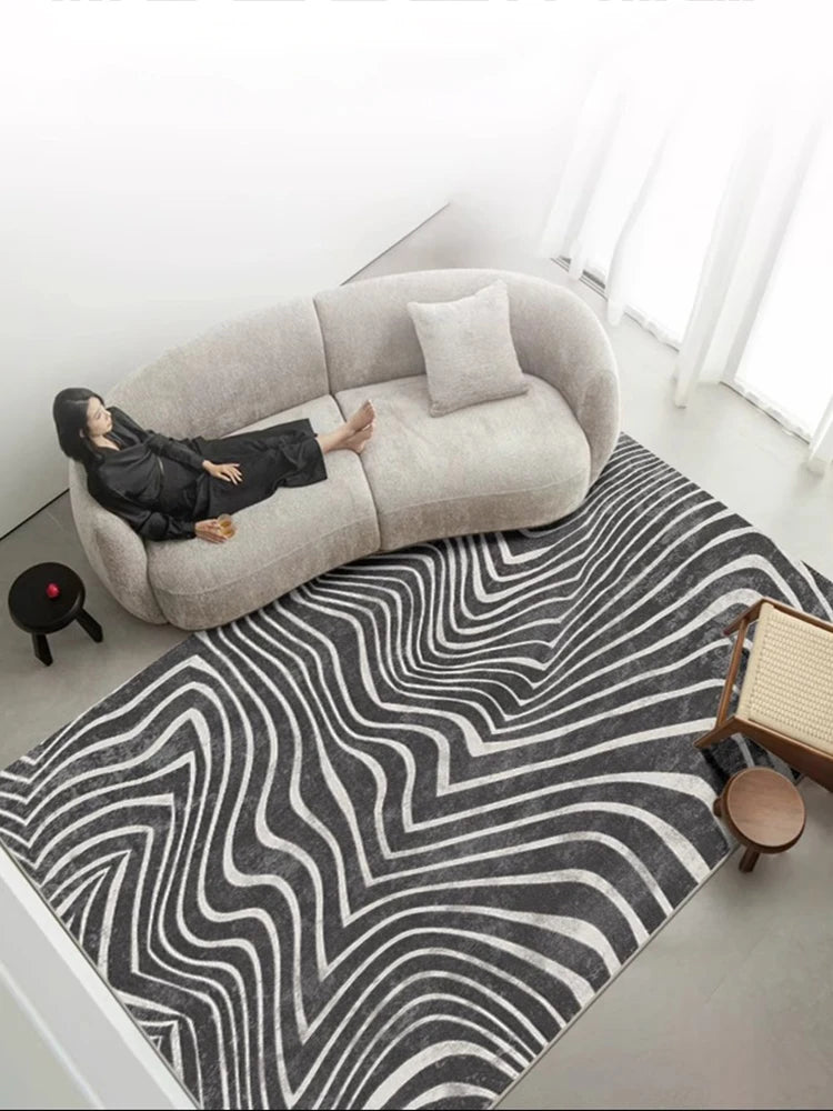 Art Zebra Pattern Carpet Black White Striped Rugs Retro Gray Lines Living Room Carpets Comfortable Machine Washable Bedroom Rug