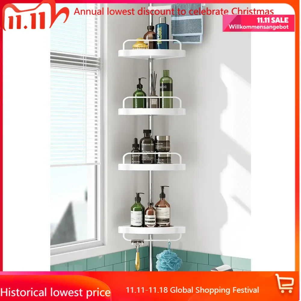 Corner Shower Caddy Tension Pole: Rust Proof 4Tier Shampoo Storage Organizer for Inside Shower - Telescoping Rod Shower Rack for