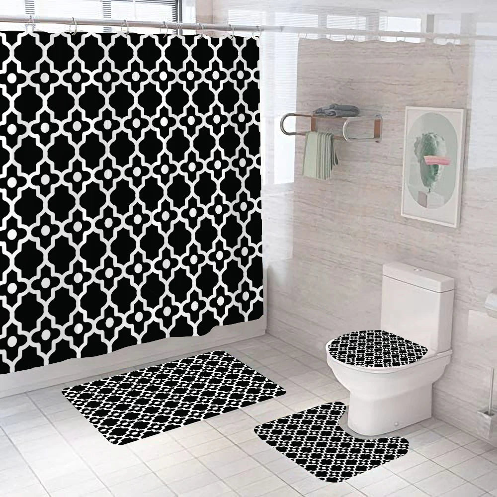 Gray Geometric Pattern Shower Curtain Sets Black and white Striped Toilet Lid Cover Bath Mat Non-Slip Rugs Modern Bathroom Decor