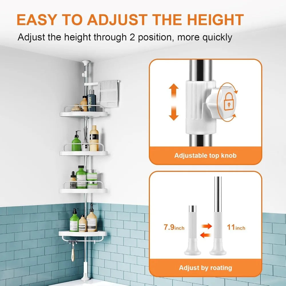 Corner Shower Caddy Tension Pole: Rust Proof 4Tier Shampoo Storage Organizer for Inside Shower - Telescoping Rod Shower Rack for