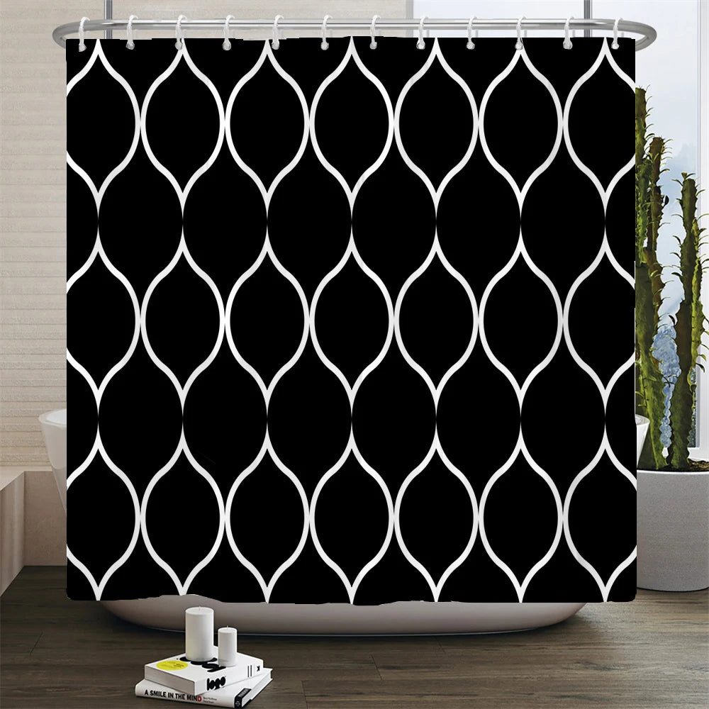 Gray Geometric Pattern Shower Curtain Sets Black and white Striped Toilet Lid Cover Bath Mat Non-Slip Rugs Modern Bathroom Decor