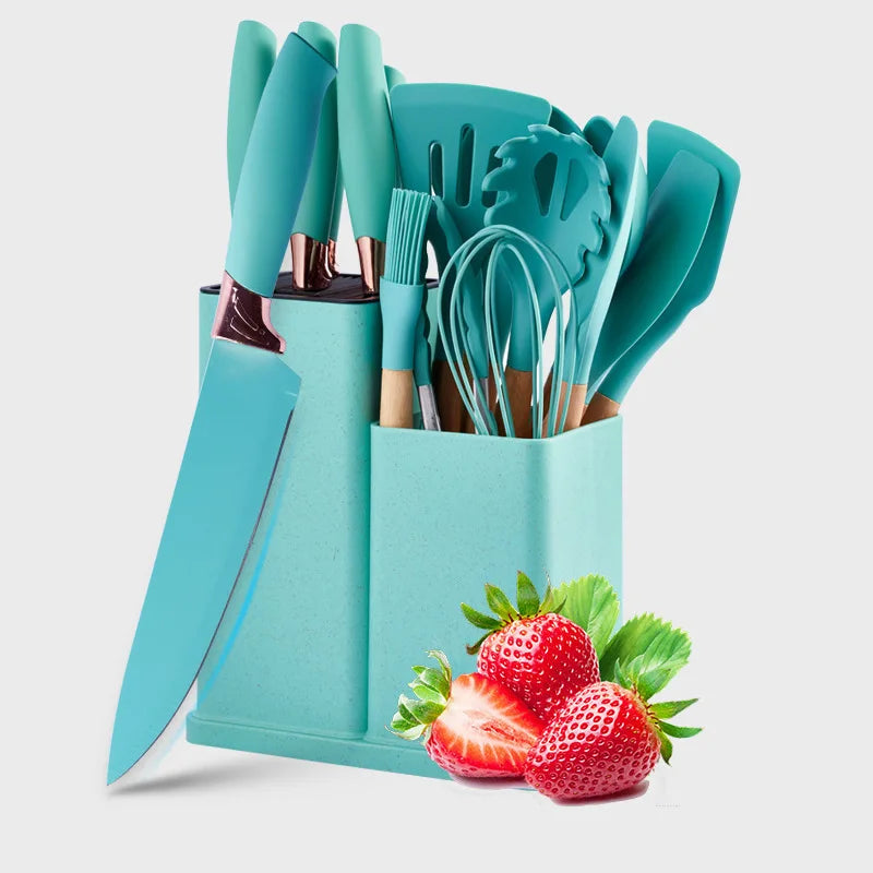 Kitchen Items Silicone 19-piece Storage Bucket Wooden Handle Kitchenware Set Kitchen Utensils Kitchen Knife Set Colorful Knives