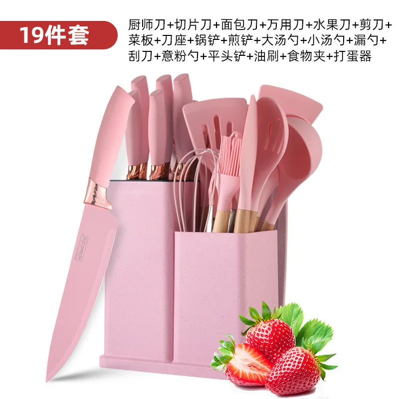 Kitchen Items Silicone 19-piece Storage Bucket Wooden Handle Kitchenware Set Kitchen Utensils Kitchen Knife Set Colorful Knives