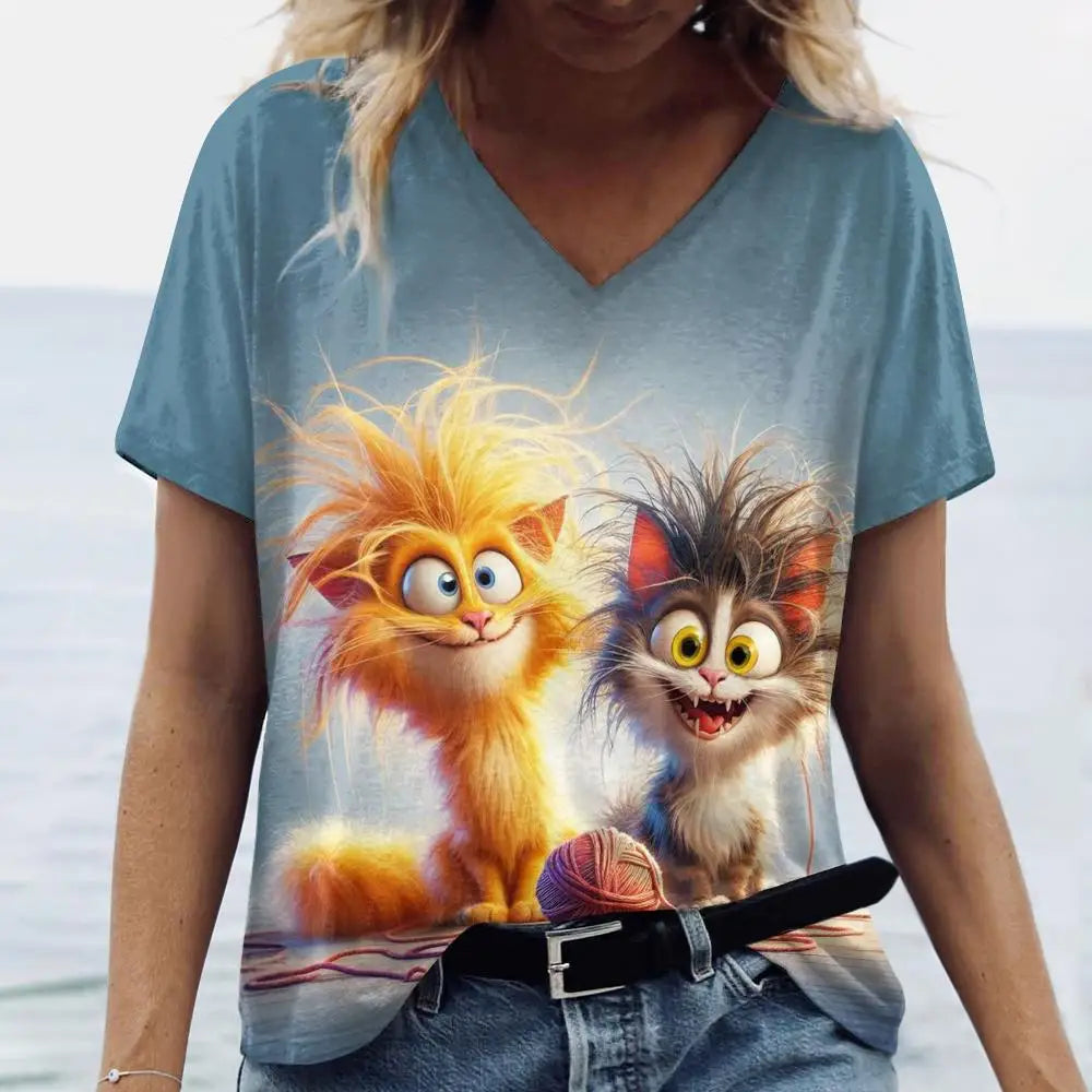 Summer Women's T Shirt Cat Print Casual Short Sleeve 3d T-Shirts Fashion Streetwear Crew Neck Pullover Female Oversized Clothing