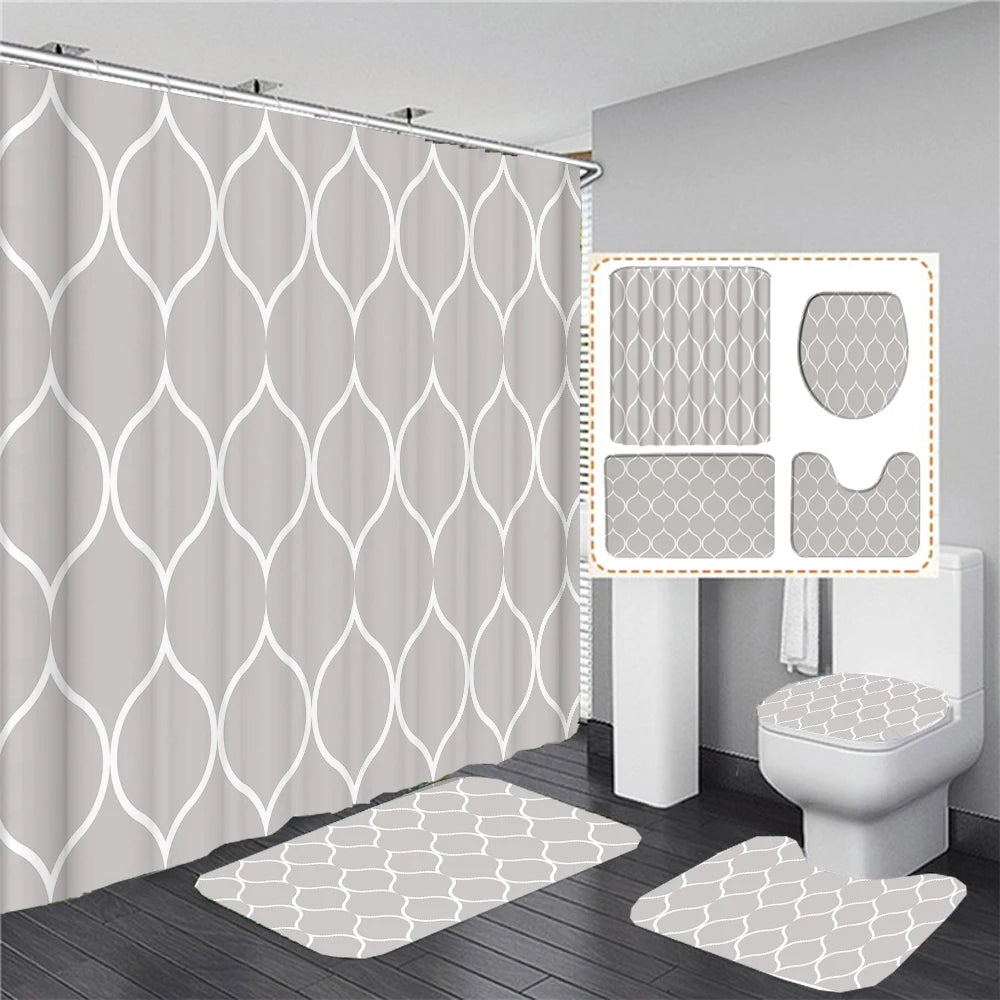 Gray Geometric Pattern Shower Curtain Sets Black and white Striped Toilet Lid Cover Bath Mat Non-Slip Rugs Modern Bathroom Decor