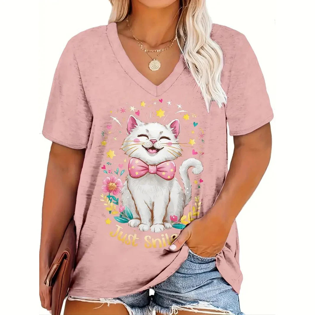 Summer Women's T Shirt Cat Print Casual Short Sleeve 3d T-Shirts Fashion Streetwear Crew Neck Pullover Female Oversized Clothing