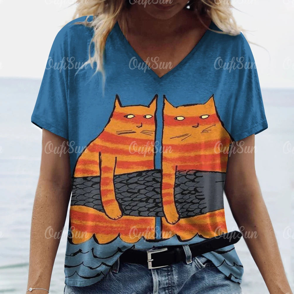 Summer Women's T Shirt Cat Print Casual Short Sleeve 3d T-Shirts Fashion Streetwear Crew Neck Pullover Female Oversized Clothing