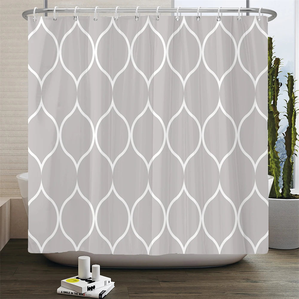 Gray Geometric Pattern Shower Curtain Sets Black and white Striped Toilet Lid Cover Bath Mat Non-Slip Rugs Modern Bathroom Decor