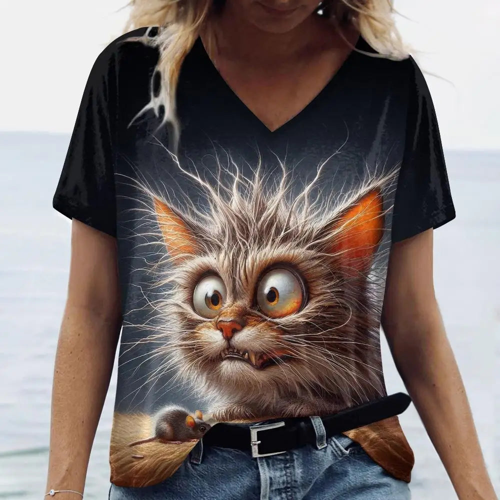 Summer Women's T Shirt Cat Print Casual Short Sleeve 3d T-Shirts Fashion Streetwear Crew Neck Pullover Female Oversized Clothing