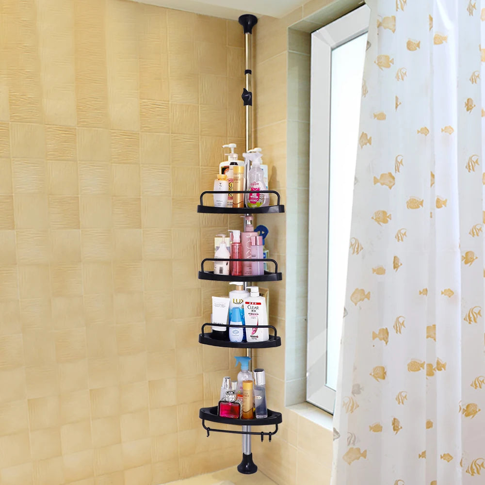 4 Layers Black Shower Toiletries Storage Caddy Bathroom Corner Rack Shevels Save Space Height Telescopic