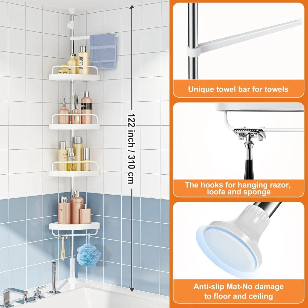 Corner Shower Caddy Tension Pole: Rust Proof 4Tier Shampoo Storage Organizer for Inside Shower - Telescoping Rod Shower Rack for