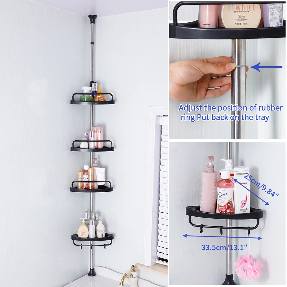 4 Layers Black Shower Toiletries Storage Caddy Bathroom Corner Rack Shevels Save Space Height Telescopic