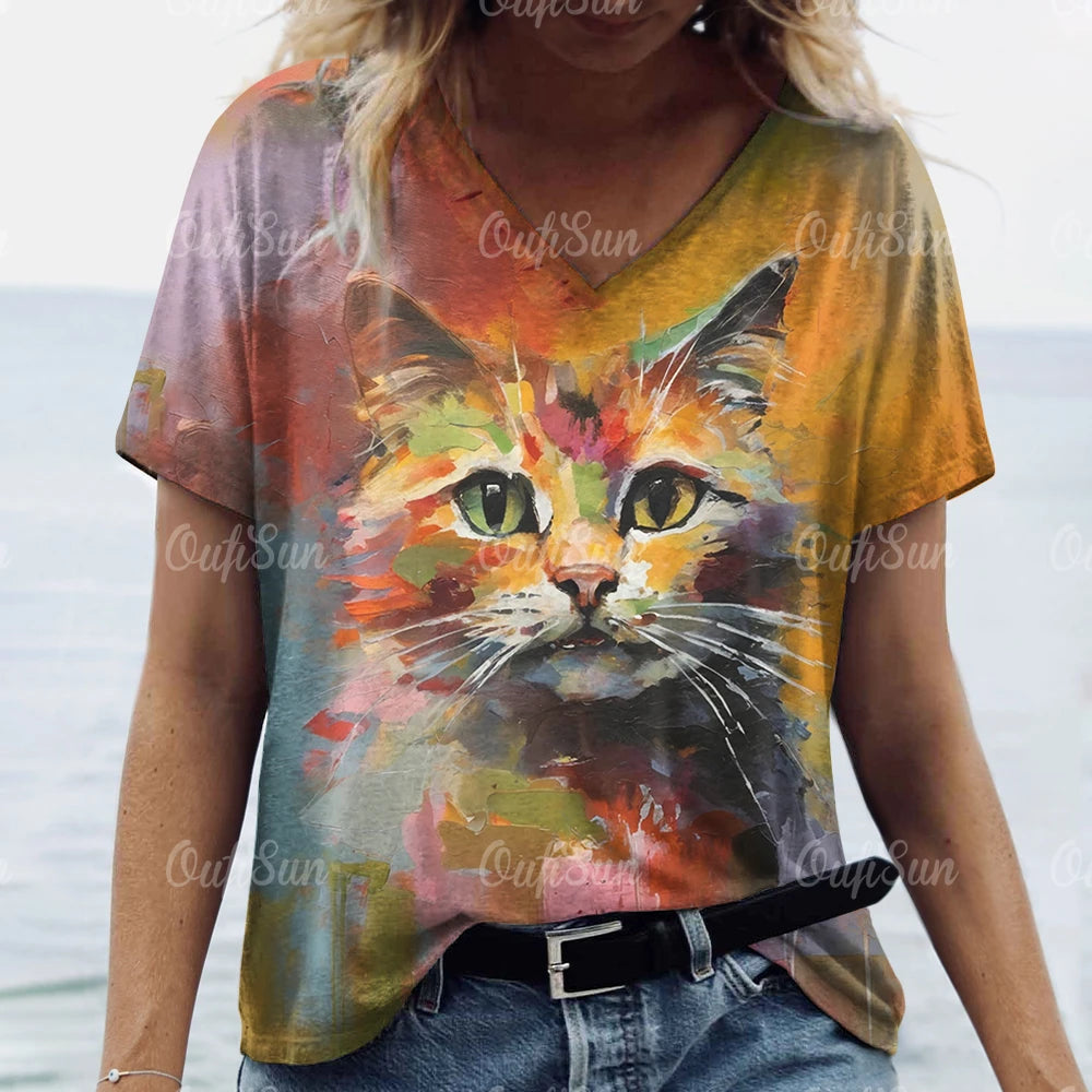 Summer Women's T Shirt Cat Print Casual Short Sleeve 3d T-Shirts Fashion Streetwear Crew Neck Pullover Female Oversized Clothing