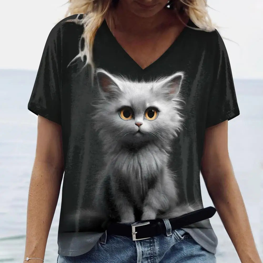 Summer Women's T Shirt Cat Print Casual Short Sleeve 3d T-Shirts Fashion Streetwear Crew Neck Pullover Female Oversized Clothing