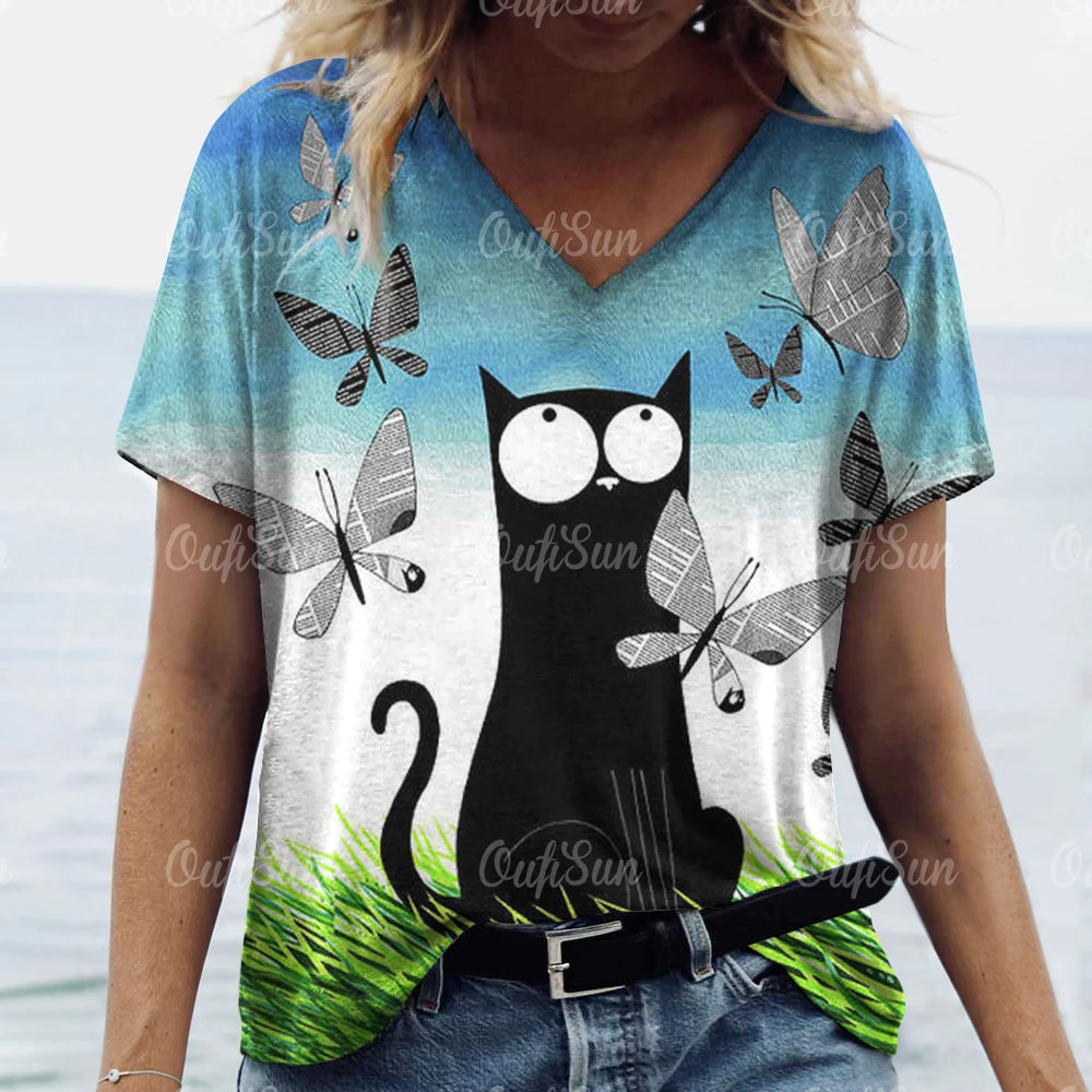 Summer Women's T Shirt Cat Print Casual Short Sleeve 3d T-Shirts Fashion Streetwear Crew Neck Pullover Female Oversized Clothing