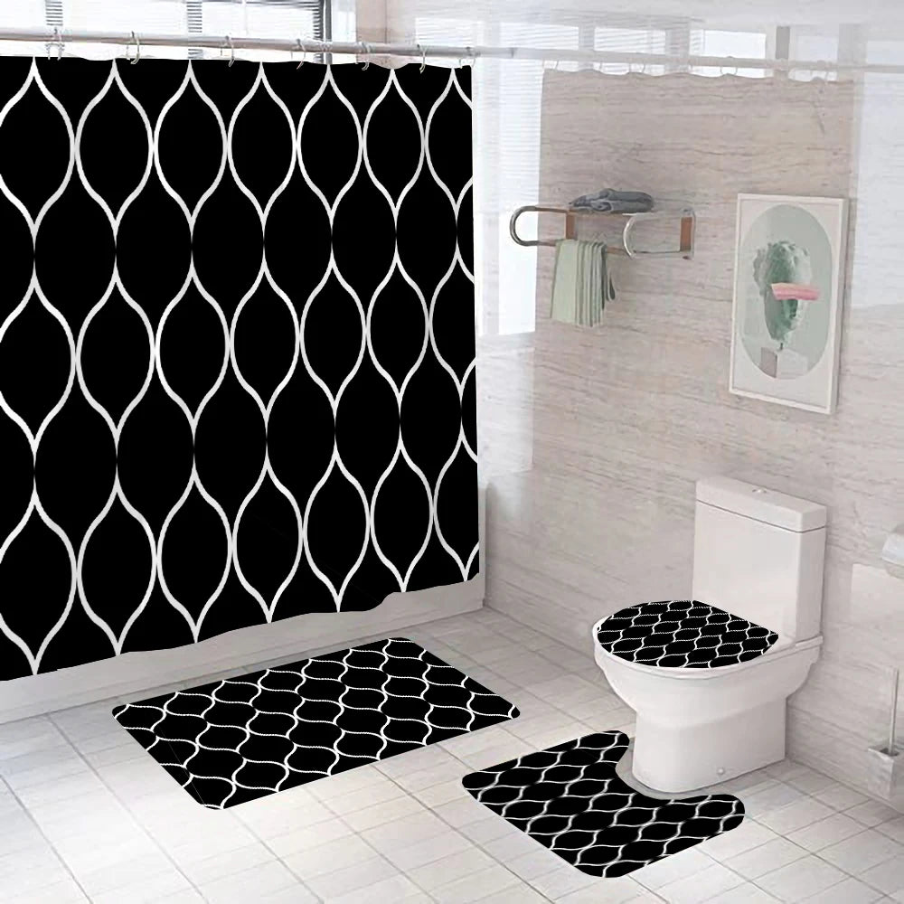 Gray Geometric Pattern Shower Curtain Sets Black and white Striped Toilet Lid Cover Bath Mat Non-Slip Rugs Modern Bathroom Decor