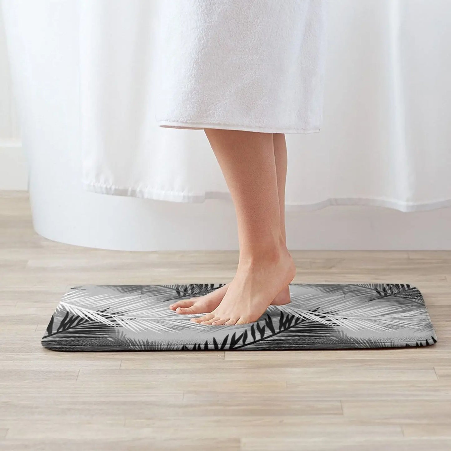 Palm Leaf Print , Gray , Black And White Entrance Door Mat Bath Mat Rug Palm Leaf Tropical Leaves Palm Tree Leaf Silhouette