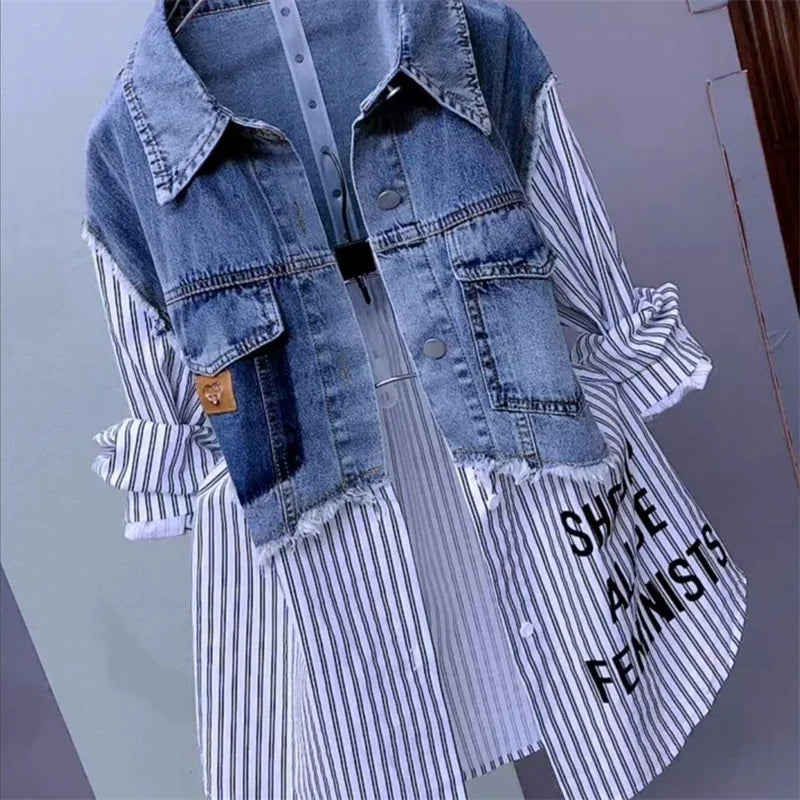 Fashion Striped Denim Jacket Women's Spring/Summer 2024 New Design Sense Stitching Women Jackets Temperament Coat Top