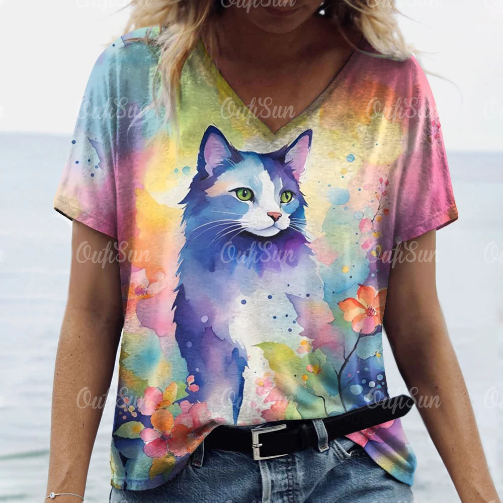 Summer Women's T Shirt Cat Print Casual Short Sleeve 3d T-Shirts Fashion Streetwear Crew Neck Pullover Female Oversized Clothing