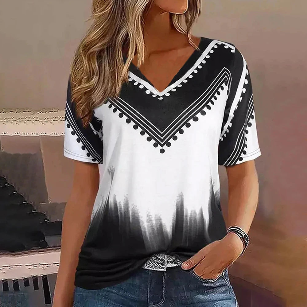 Fashion Women T Shirt Stripes Print Gradient V Neck Short Sleeve Basic Tops Streetwear Summer Oversized Clothing Female T-Shirts