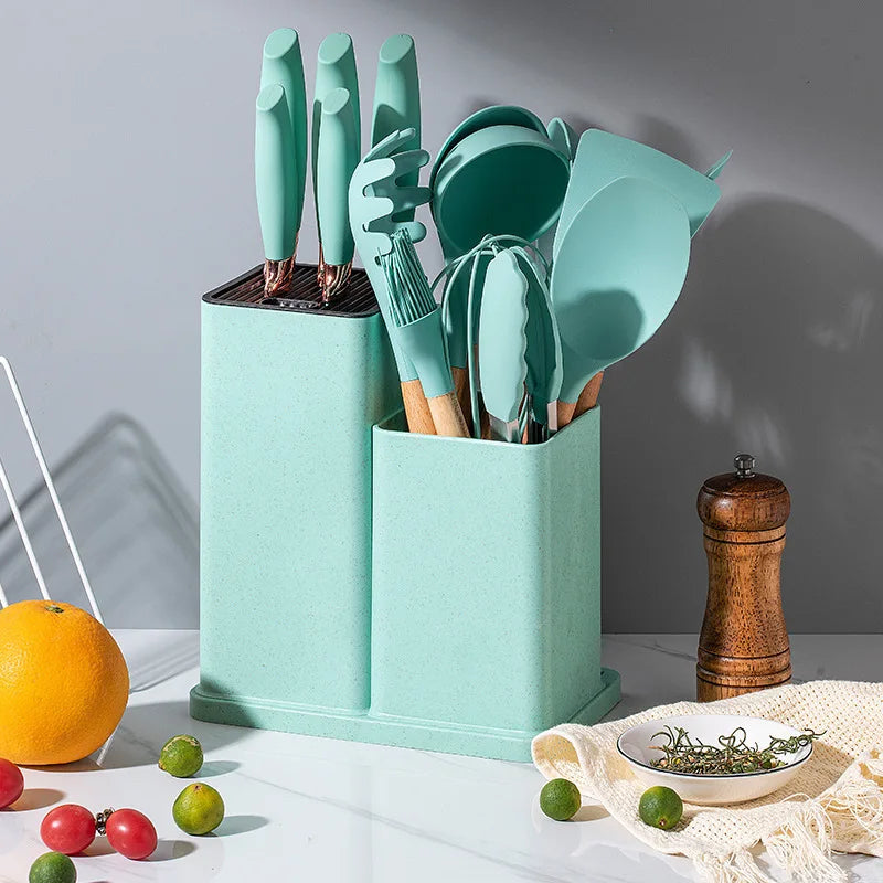 Kitchen Items Silicone 19-piece Storage Bucket Wooden Handle Kitchenware Set Kitchen Utensils Kitchen Knife Set Colorful Knives