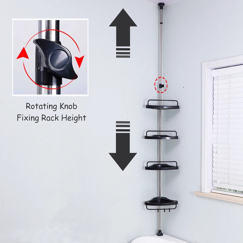 4 Layers Black Shower Toiletries Storage Caddy Bathroom Corner Rack Shevels Save Space Height Telescopic