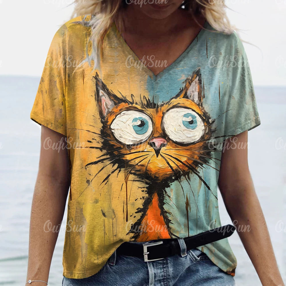 Summer Women's T Shirt Cat Print Casual Short Sleeve 3d T-Shirts Fashion Streetwear Crew Neck Pullover Female Oversized Clothing