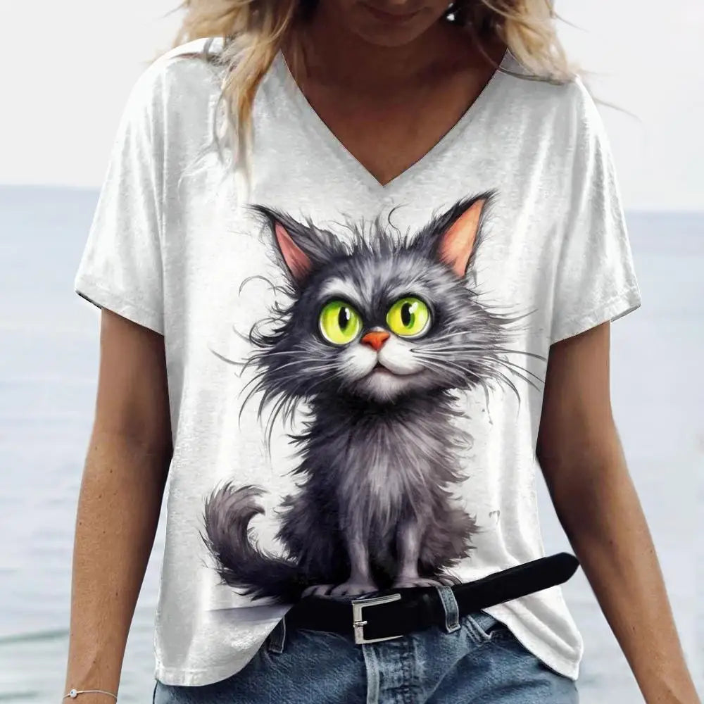 Summer Women's T Shirt Cat Print Casual Short Sleeve 3d T-Shirts Fashion Streetwear Crew Neck Pullover Female Oversized Clothing