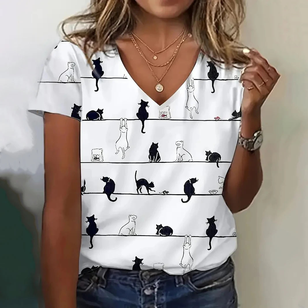 Summer Women's T Shirt Cat Print Casual Short Sleeve 3d T-Shirts Fashion Streetwear Crew Neck Pullover Female Oversized Clothing