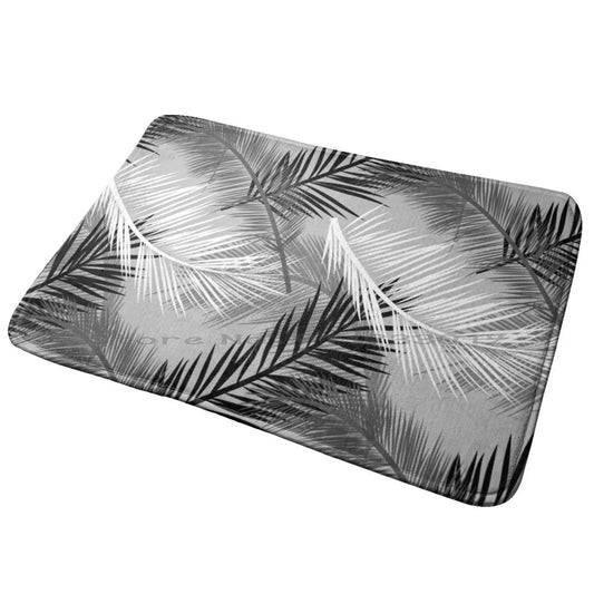 Palm Leaf Print , Gray , Black And White Entrance Door Mat Bath Mat Rug Palm Leaf Tropical Leaves Palm Tree Leaf Silhouette