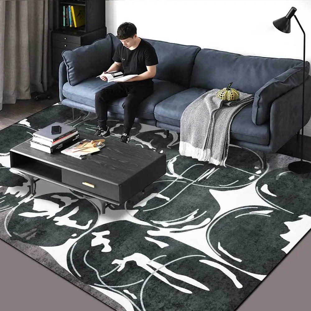 Modern All-Match Carpet Black and White Gray Abstract Circle Geometric Printed Area Rugs Living Room Bedroom Non-Slip Floor Mat