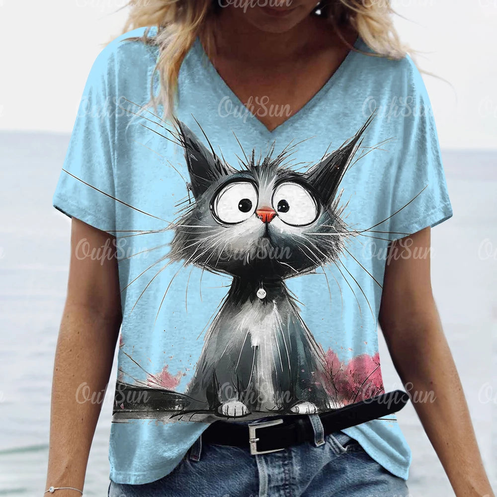 Summer Women's T Shirt Cat Print Casual Short Sleeve 3d T-Shirts Fashion Streetwear Crew Neck Pullover Female Oversized Clothing