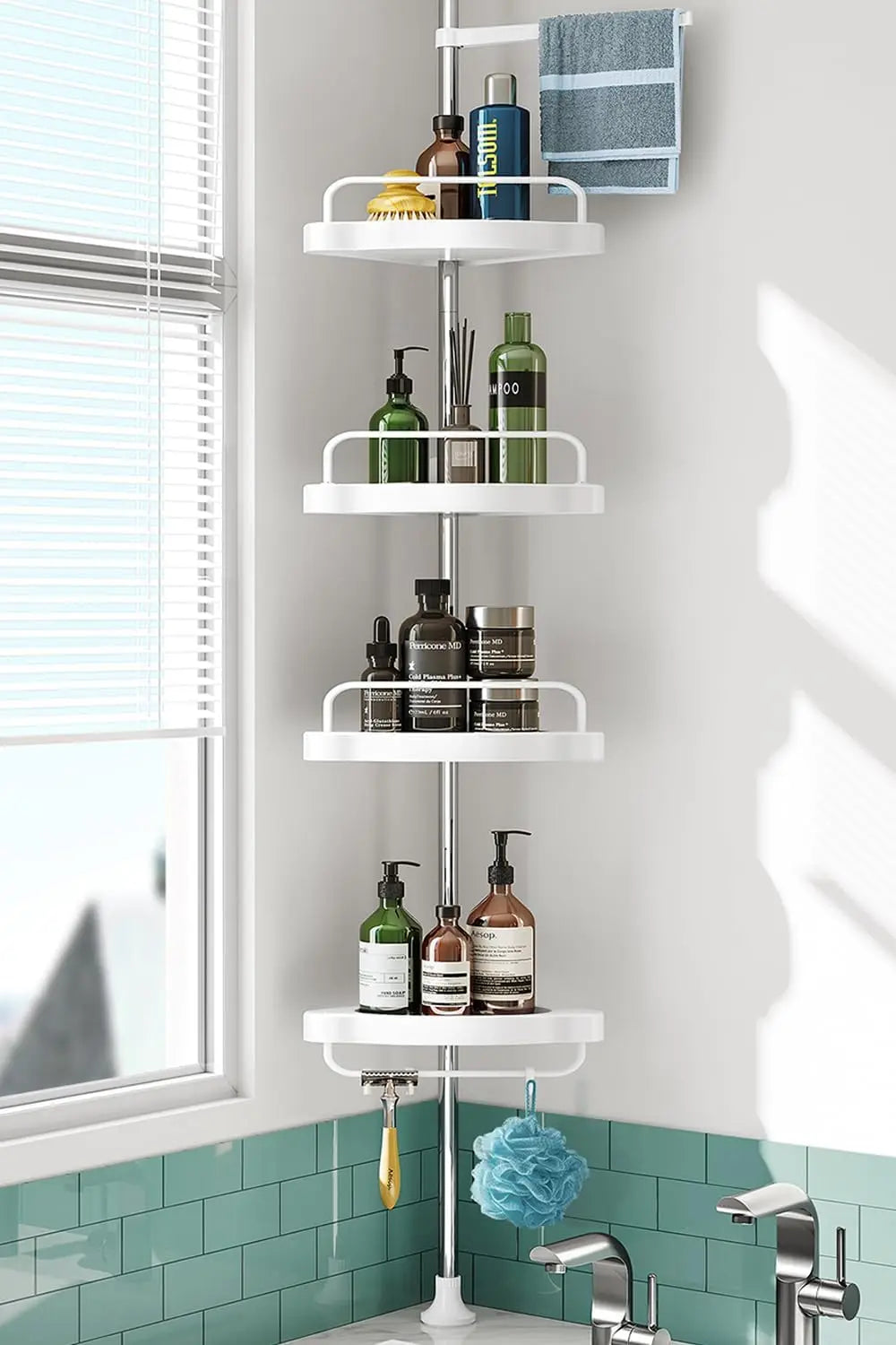 Corner Shower Caddy Tension Pole: Rust Proof 4Tier Shampoo Storage Organizer for Inside Shower - Telescoping Rod Shower Rack for