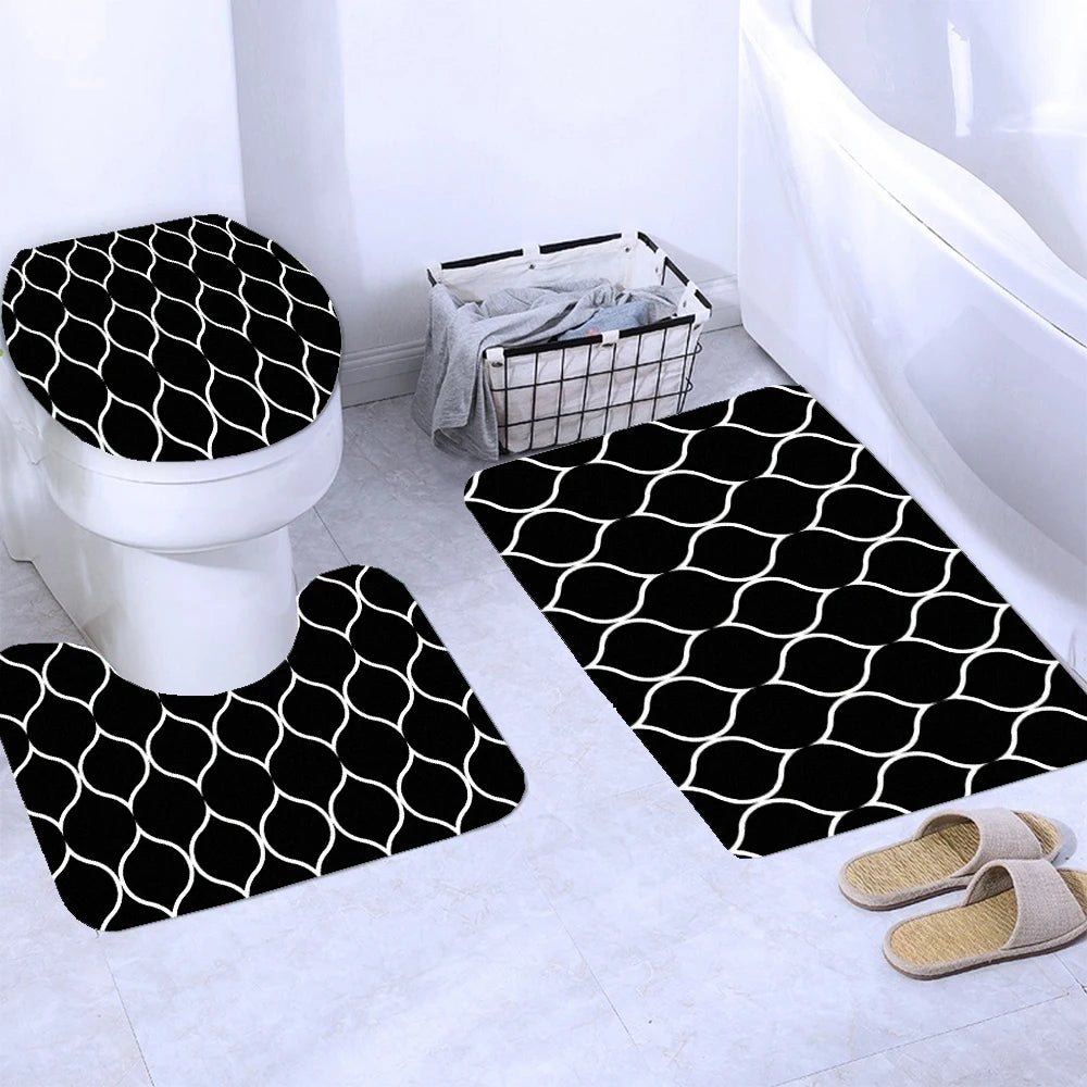 Gray Geometric Pattern Shower Curtain Sets Black and white Striped Toilet Lid Cover Bath Mat Non-Slip Rugs Modern Bathroom Decor